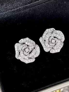 White Rhodium Camellia Stud Earrings